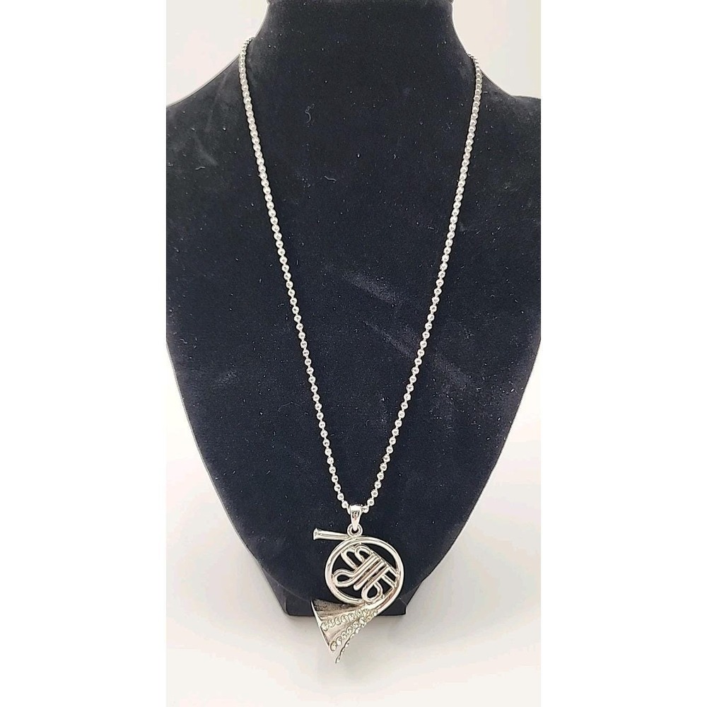 Vintage silver tone rhinestone French Horn musical instrument 20"‎ necklace